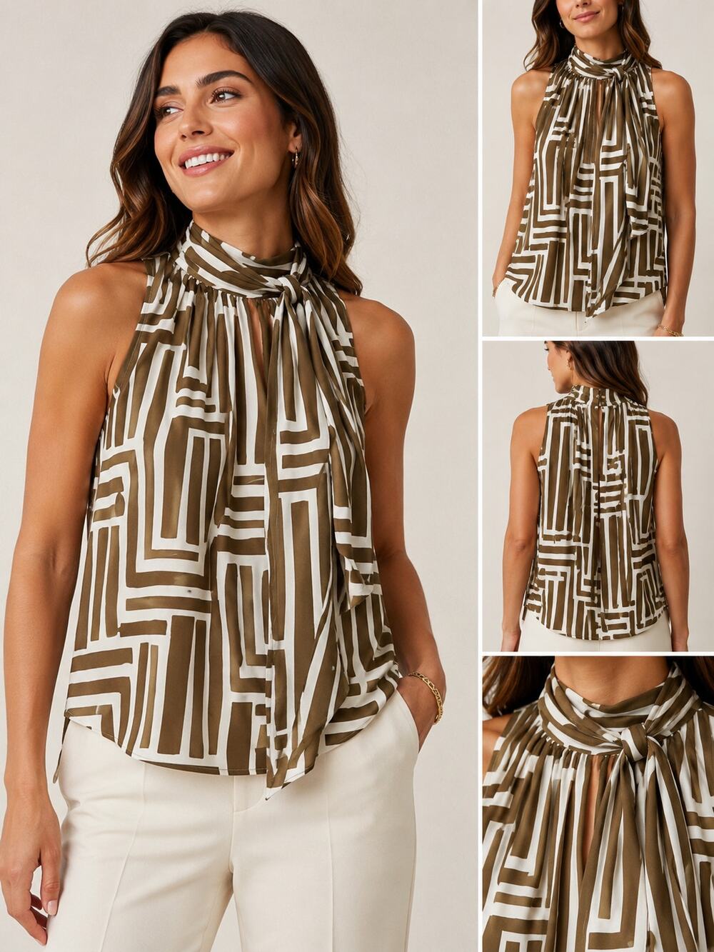 NWT Donna Karan New York Geometric Tie-Neck Sleeveless Blouse Size Small Petite